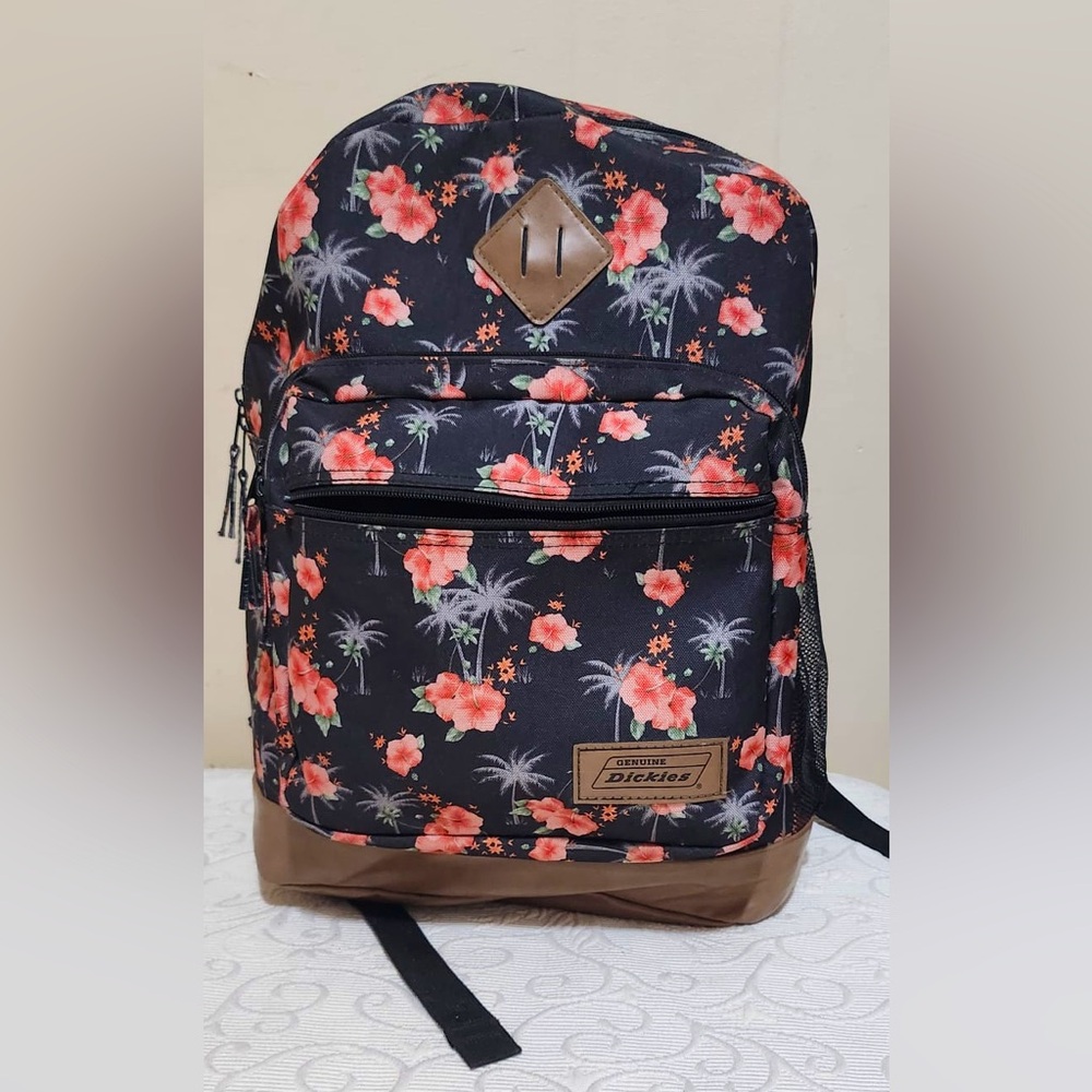 Dickies Vintage Old School Floral Dark Grey Leather Tone School Backpack